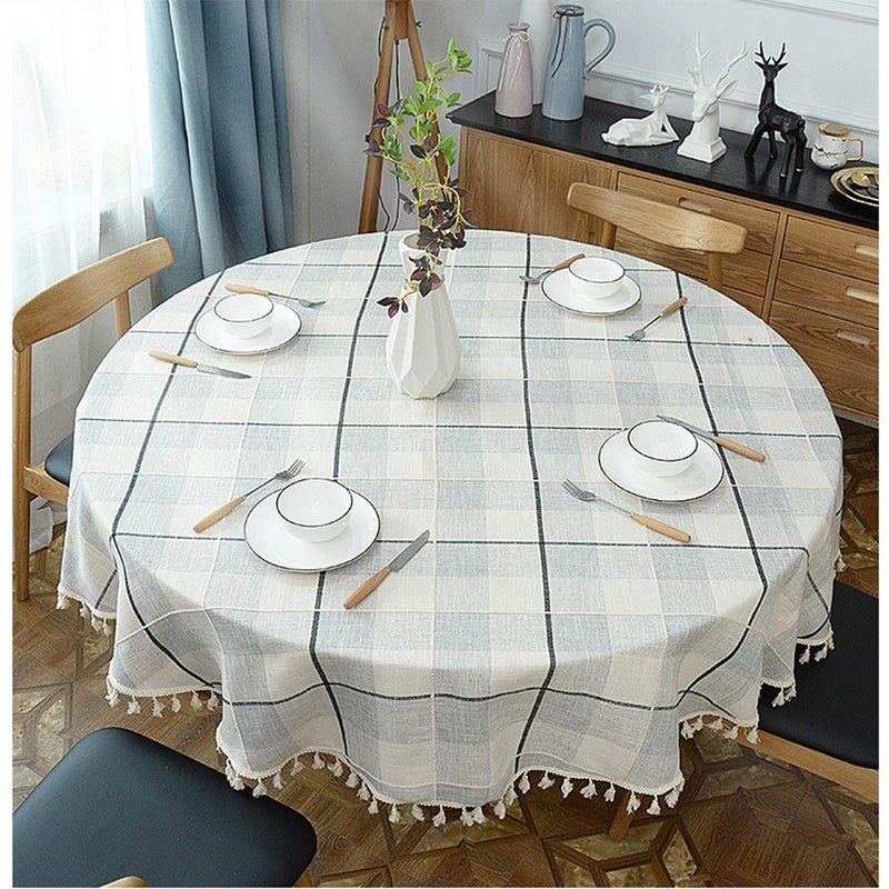 Dimatic Heavy Weight Cotton Linen Tablecloth, Plaid Tassel Round Table Cover for Kitchen Dining Room Tabletop Decorations, Round - 63", Grey Check - Image 3